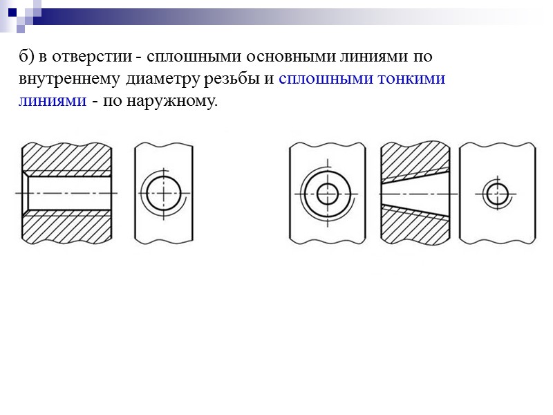 б) в отверстии - сплошными основными линиями по внутреннему диаметру резьбы и сплошными тонкими